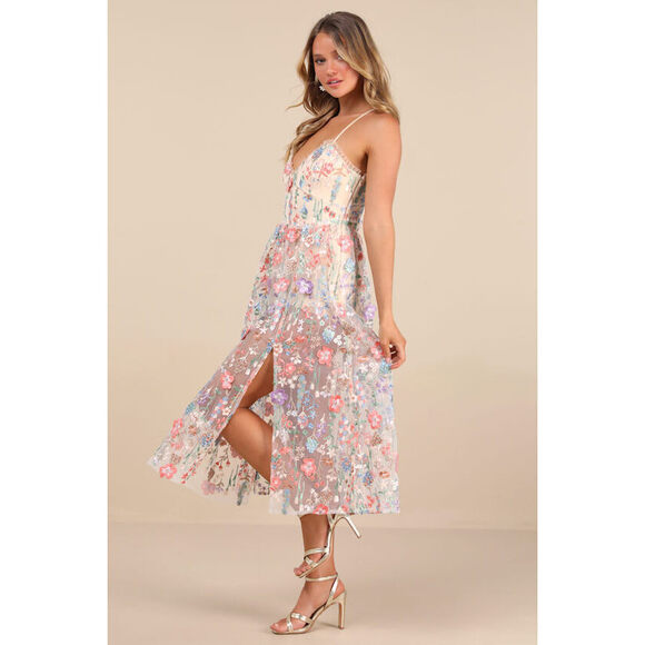 Lulus Dresses & Skirts - Lulus Mahryn Beige 3d Floral Embroidered Midi Bodysuit Dress - Size M